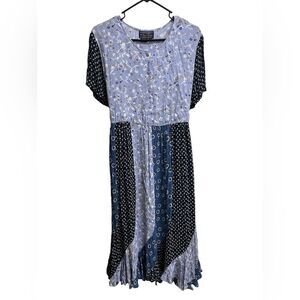 VTG 80s Willow Ridge Blue Floral Geometric Patchwork Ruffle Hem Midi Dress SZ LP